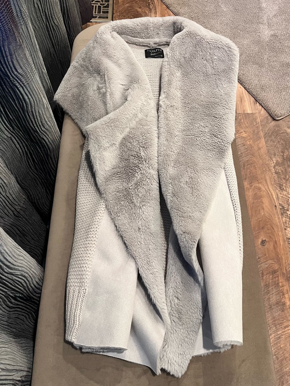 Twelfth Love Light Gray Faux Fur Open-Front Vest with Draped Collar
